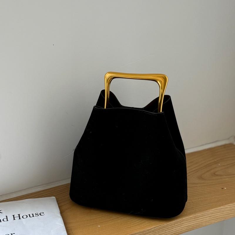 2025 Chic Designer Vintage Women Suede Frosted Leather Bucket Handbag Luxury Metal Handle Tote Bag Trendy Commuter Crossbody Bag