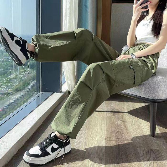 Summer ice silk quick-dry cargo pants for women, loose high-waisted drawstring jogger hiking pants, American harem sweatpants trendy for women