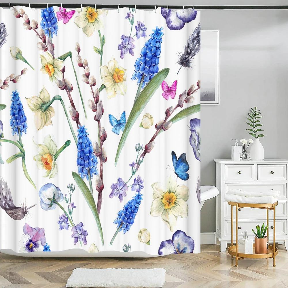 Elegant Flowers Shower Curtain 180x180cm Floral Printed Shower Curtain Polyester Bath Curtain Bathroom Decor Washable With Hooks