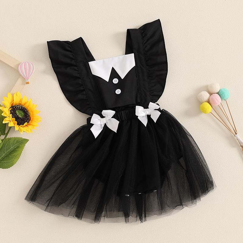 Newborn Infant Baby Girl Halloween Romper Dress Flutter Sleeves Square Neck Tulle Patchwork Jumpsuit Costumes