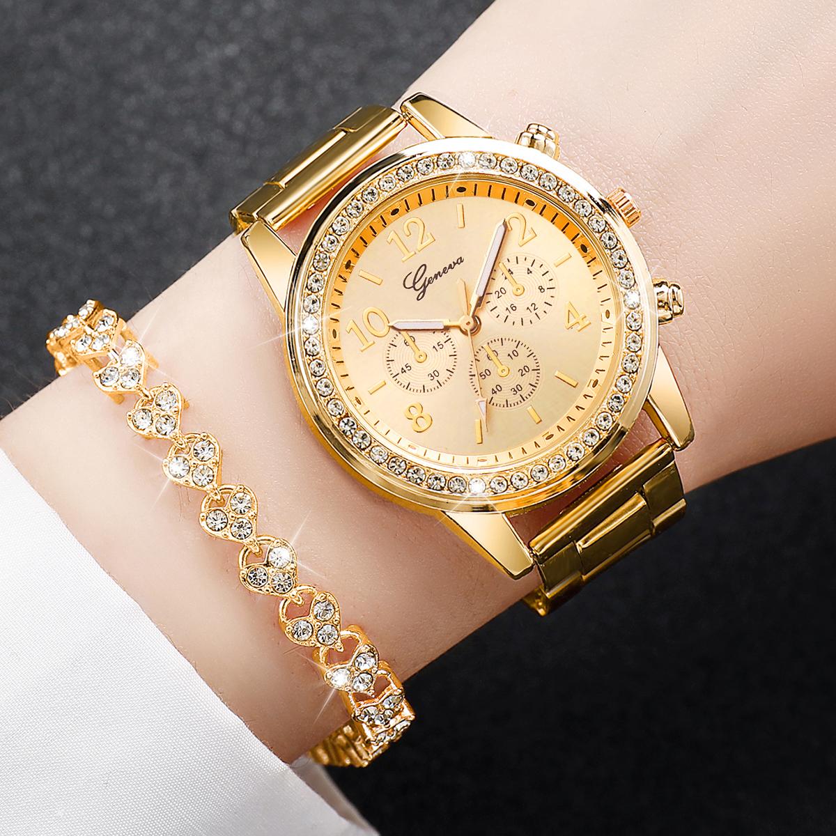 Fashion Women Stainless Steel  Gold Color Quartz Watch  Diamond Bracelet золотой