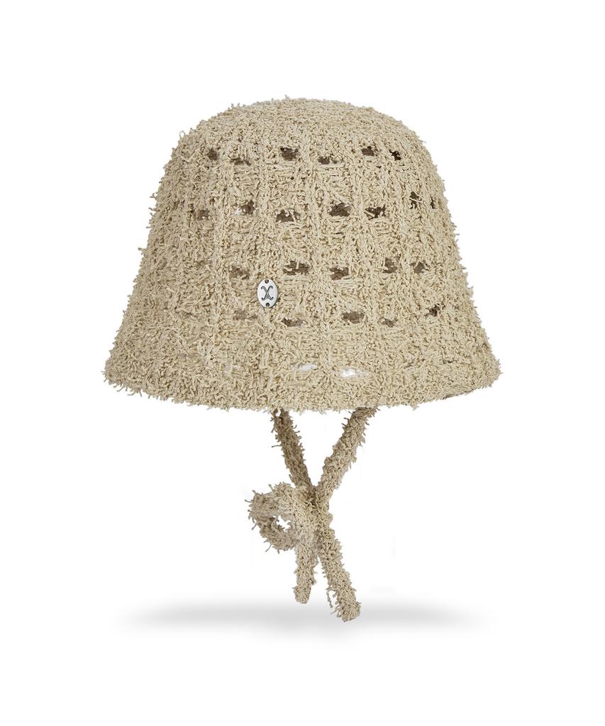 Bajal Va Curved Oval Metallic Knit Punching Bucket Hat Beige