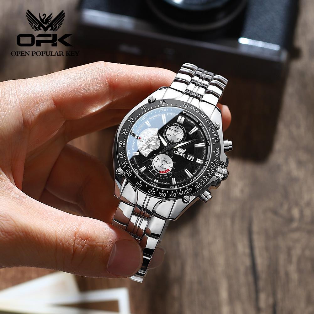 OPK Brand Men's Watch Fashion Multifunctional Calendar Quartz Waterproof Luminous Steel Strap 6020