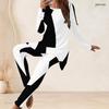 Women Plus Size Black White Printed Round Neck Long Sleeve Longline Top Fitted Pants Two Piece Set