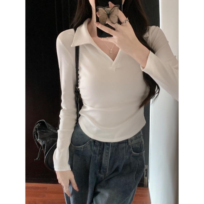 Real Shot Collar PO Shirt Long-sleeved T-shirt Women's Season Slim-fit Short Inner Bottom Shirt Top
