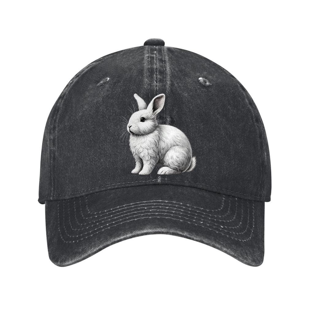 White Rabbit Graphic Baseball Cap Casual Cotton Adjustable Distressed Denim Outdoor Golf Hat