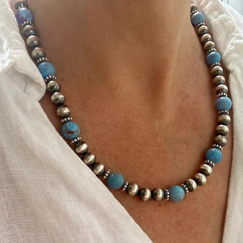 GemChic Women's New Vintage Turquoise Beads Chain Necklace Earrings Two Piece Set Ethnic Birthday Christmas Jewelry Gift