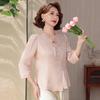 Hodo Mid-Aged Women's Floral Seven-Sleeve V-Neck Blouse