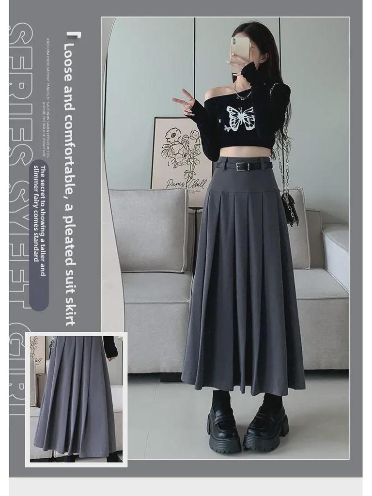 Autumn Women's Belted A-Line Pleated Skirt - New Slim Fit, Hip-Covering, Draped Style