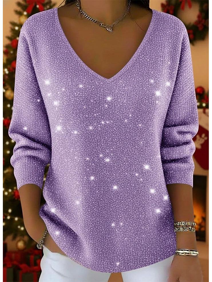 Women's Long Sleeve V-Neck Christmas Top - Versatile Casual T-Shirt for Autumn/Winter 2025 in Europe.
