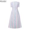 ZANZEA Women Casual Round Neck Short Sleeve Stripe Long Dress