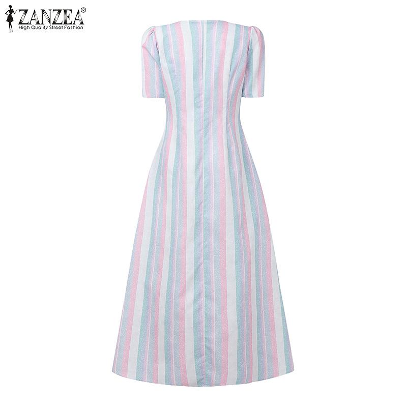 ZANZEA Women Casual Round Neck Short Sleeve Stripe Long Dress