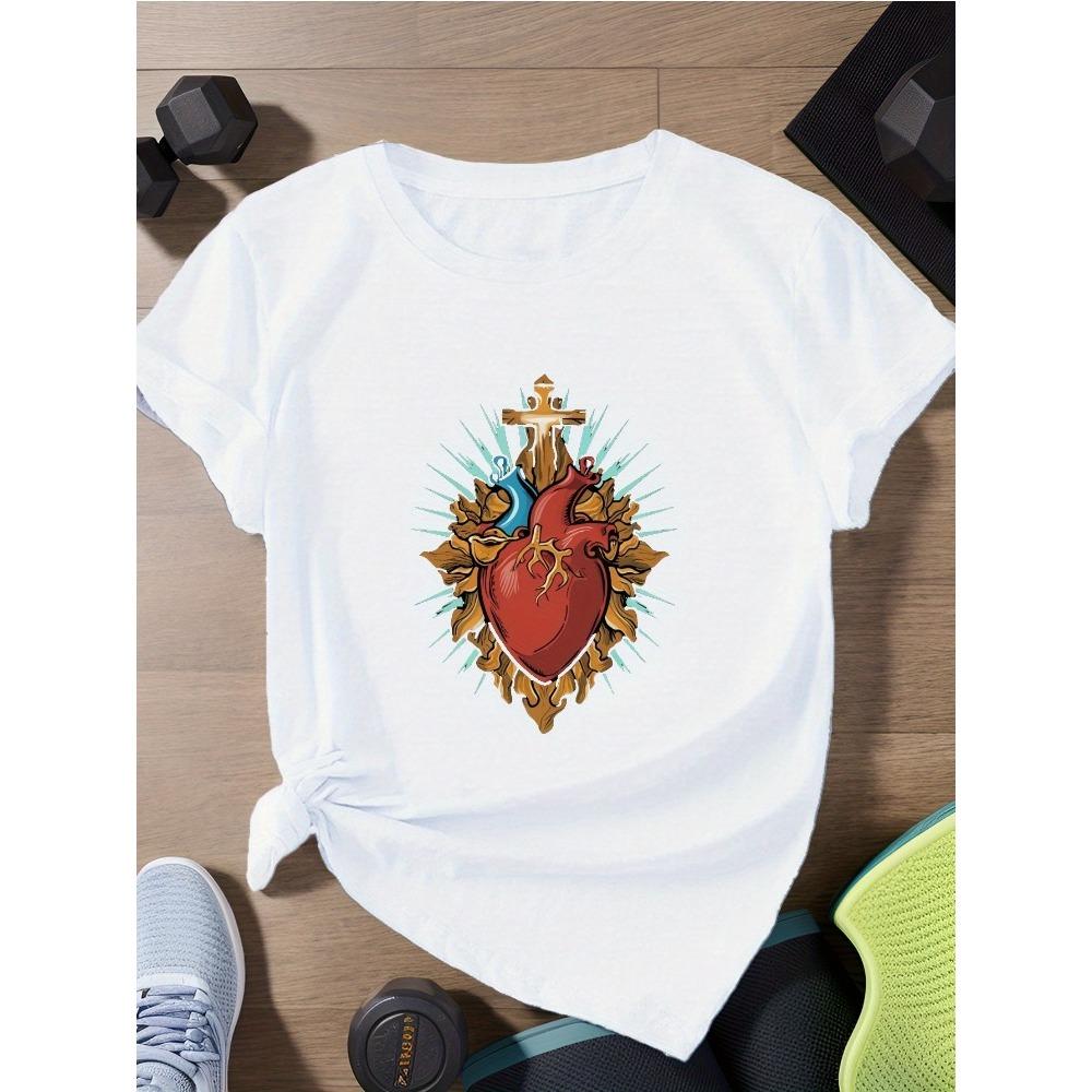 Sacred Heart Jesus Womens Plus Size Cotton Short Sleeved Fashionable Casual Tshirt Loose Round Neck Top Womens Cotton Clothing S