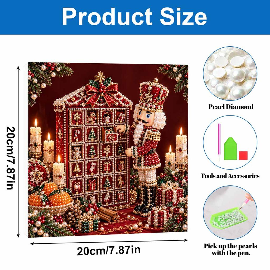 5D Pearl Painting Kit Framed with Nutcracker Advent Calendar Christmas Sparkling Bead Art Canvas DIY Relaxing Craft for Wall Decor Gift