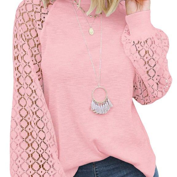 2025 Women's Lace-Trimmed Round Neck Long-Sleeve Loose Top
