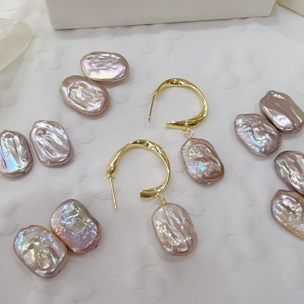 Big C Natural Light Pink Purple Baroque Pearl Earrings, Earrings, French Special-shaped Beads, Large Square Stud Earrings, Simple Earrings.