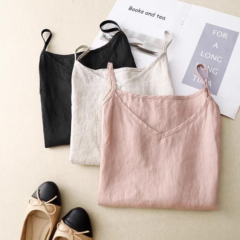 Women's V‑Neck Linen Camisole Tank Top Loose Thin Inner Wear Sleeveless Casual Summer Basic Blouse Top