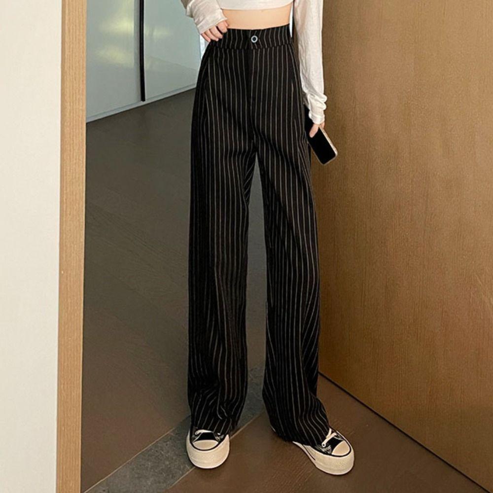 Workout Trousers Casual Pants Women High Waist Wide Leg Pants Breathable Striped Suit Pants Female