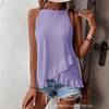 Women Summer Halter Neck Eyelet Embroidery Ruffle Hem Casual Sleeveless Blouse