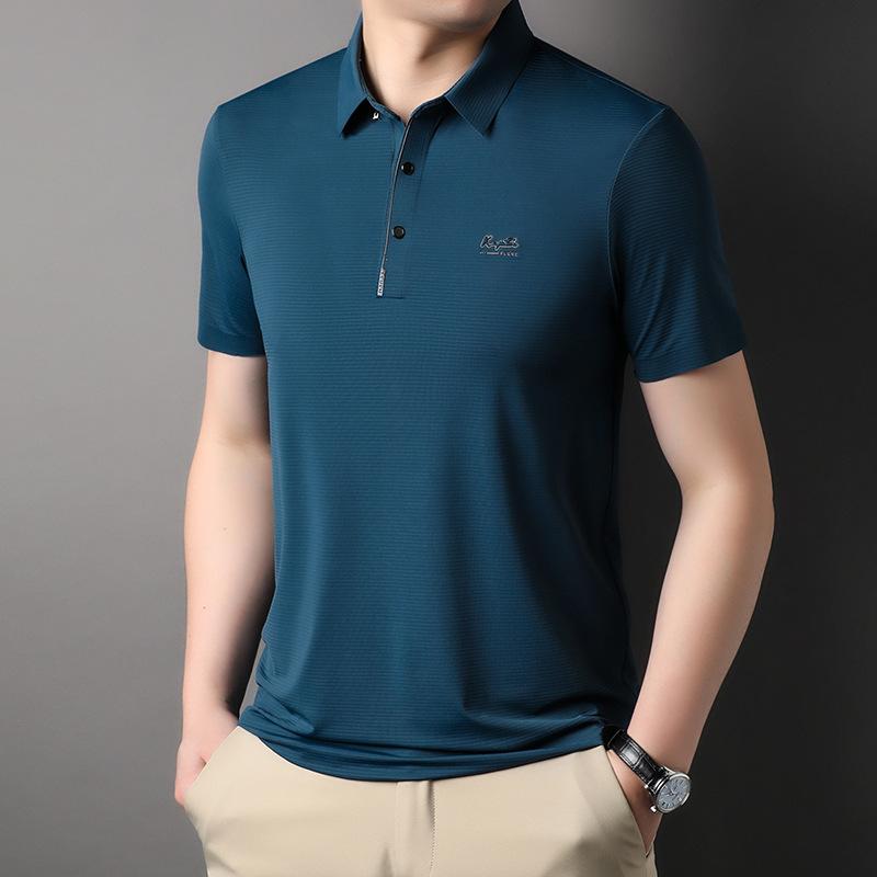 Summer Seamless Ice Silk Lapel Short-sleeved T-shirt Men's Business Casual Printed Stretch Polo Shirt Men's Clothing