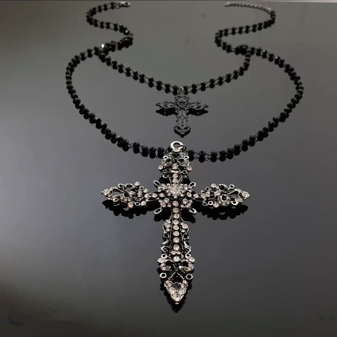

Черный Y2k Hot Girl готический двойной крест бусины ожерелье панк ключицы цепи аксессуары чёрный