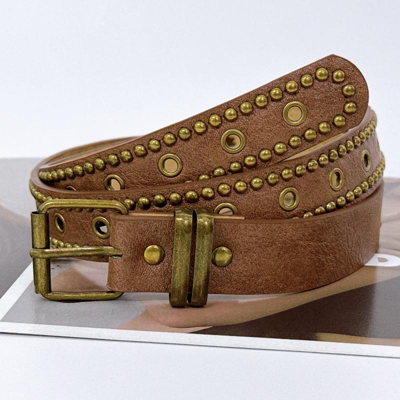 Vintage Pu Leather Belt With Rivet Studs Hollowed-Out Design Perfect For Daily Wear Jeans Casual Outfits