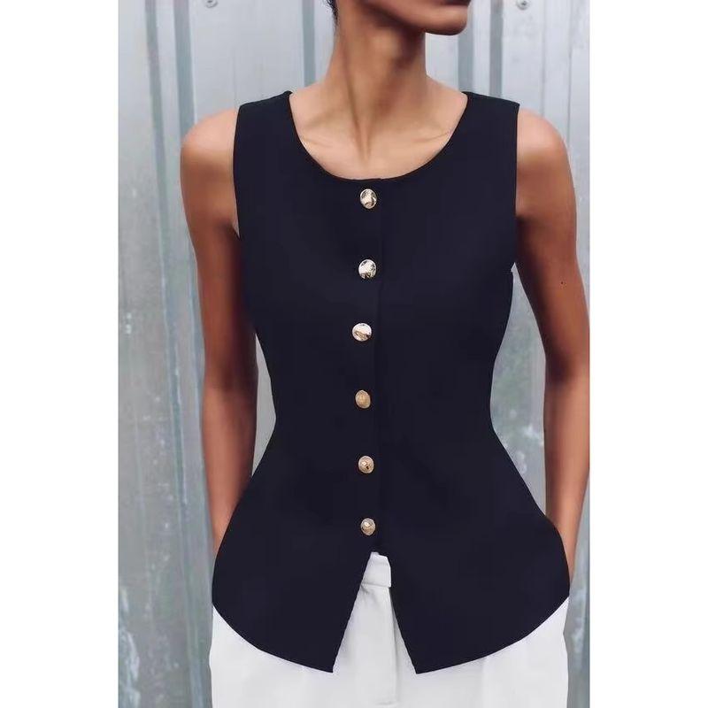 Spring New Arrival Knitting Sleeveless Tops Fashion Casual Round Neck Golden Button Plain Stitch Vest 4192100