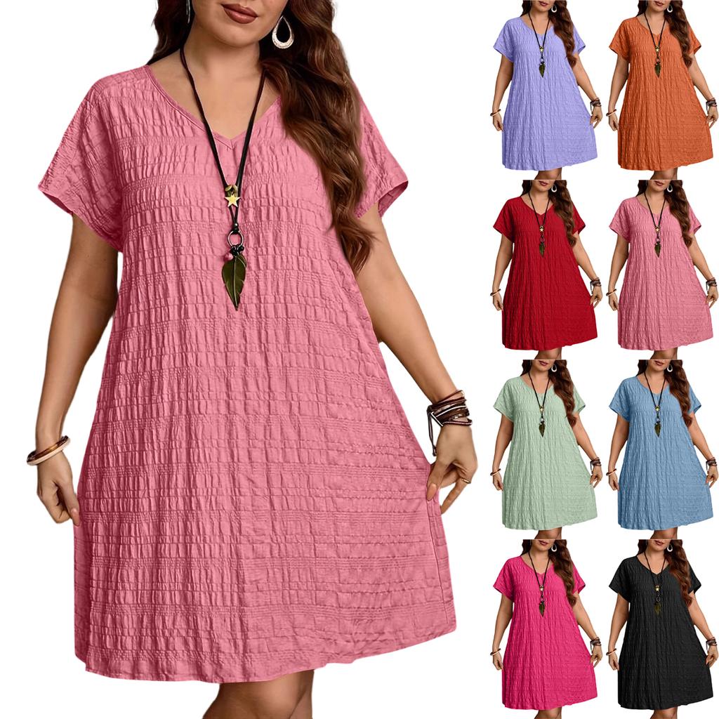 Damen Sommer Mode Große Größen Farbe V-Ausschnitt Kurzarm Locker Strandurlaub Kleid
