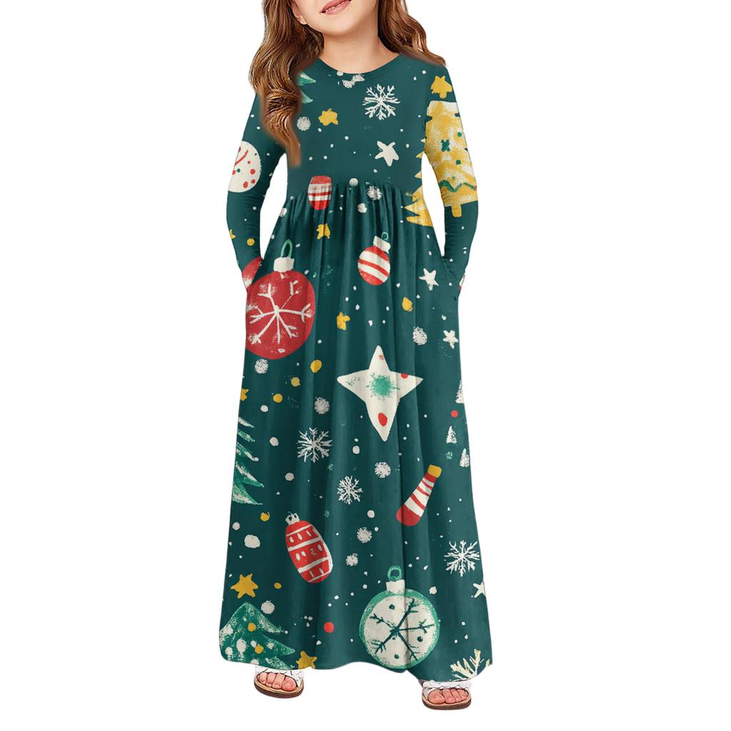 Rochie Maxi pentru Fete - Rochie cu Mânecă Lungă și Buzunare Zi de Crăciun