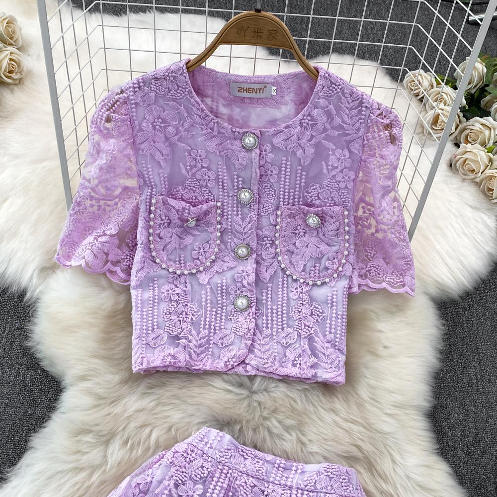 Summer Women Luxury Mesh Embroidery Flower Set Single Breasted Beading Pockets Top Shirt + Zipper Long Skirt Two Pieces Suits