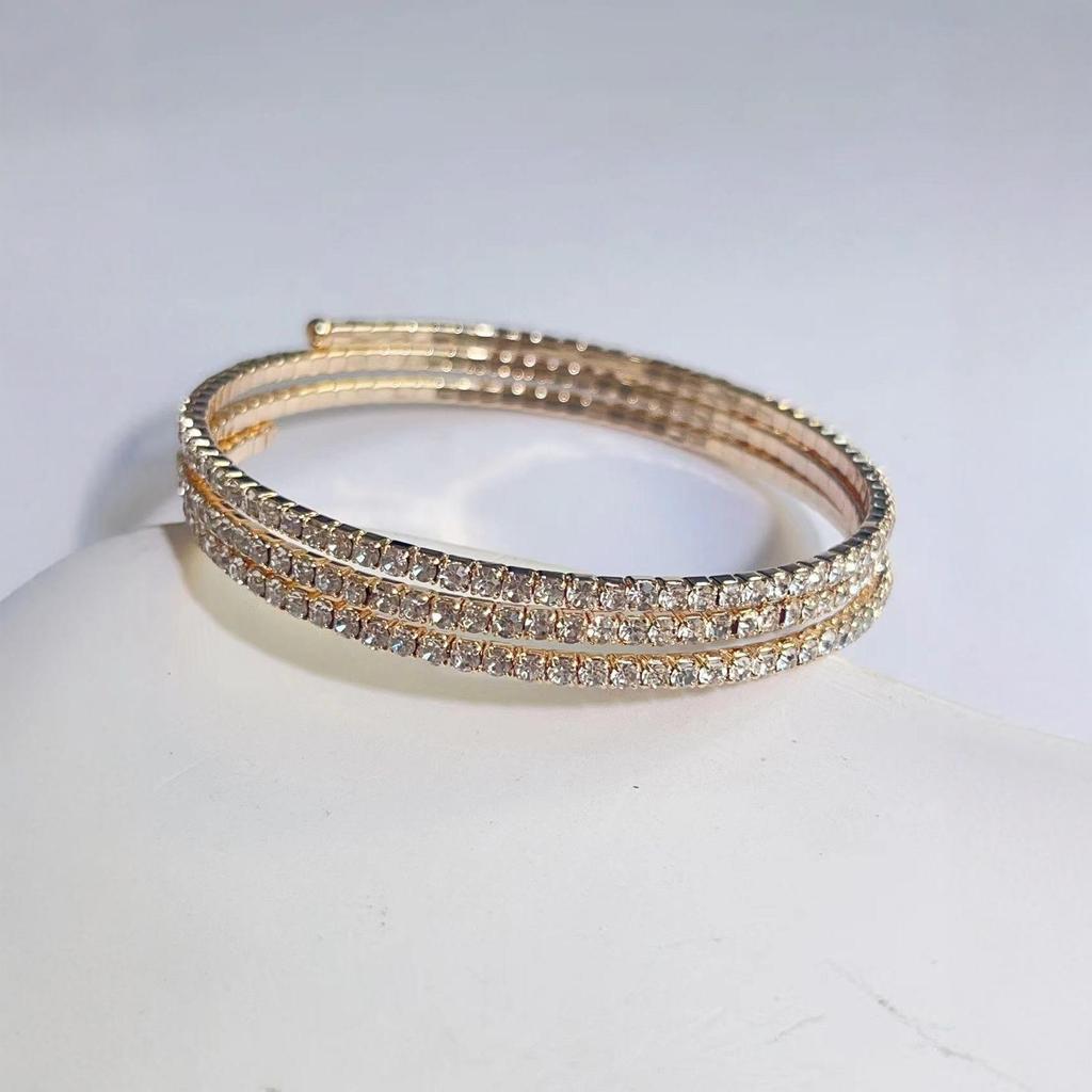 European & American Luxury Full Diamond Open Bangle - Three-Layer Rhinestone Spring Bracelet for Women, 2MM, Fashionable & Versatile High-End Jewelry.