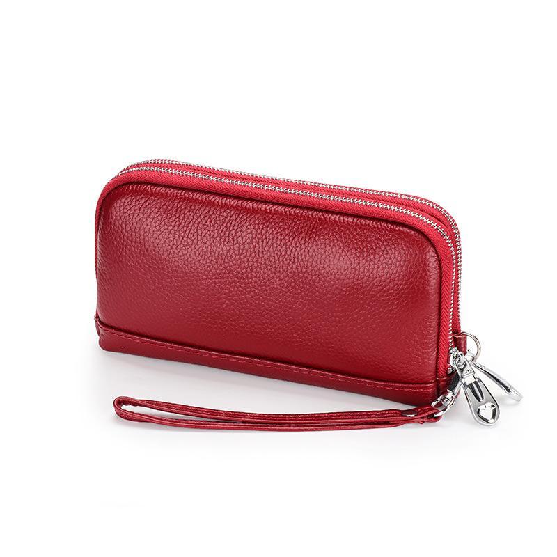 Women Genuine Leather Long Wristlet Clutch Purse 2 Layer Zipper Easy To Clean Phone Cash Bag for Mom Daily Use