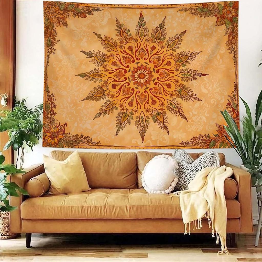 Boho Mandala Floral Tapestry Vintage Bohemian Indian Tapestries for Bedroom Aesthetic Retro Orange Yellow Flower Tapestry Wall