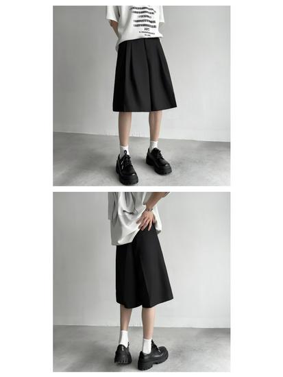 Unisex černé šortky s vysokým pasem áčkového střihu střední délky se širokými nohavicemi - Letní lehké, zeštíhlující, ležérní pětibodový design