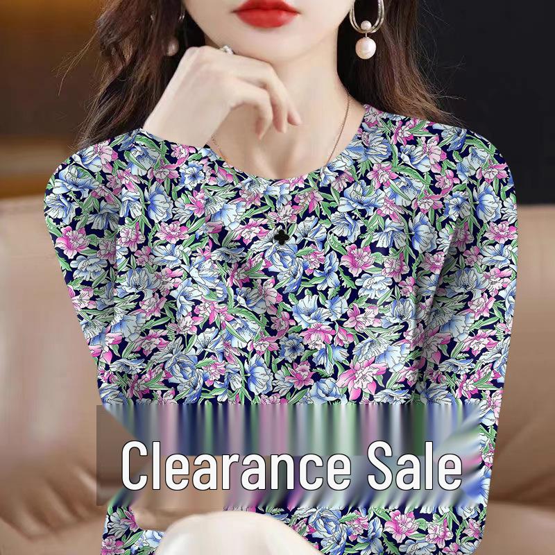 

Premium Floral Long-Sleeve Women s T-Shirt - Autumn/Winter Thin Base Layer Round Neck, Milk Silk 2XL (Recommended 120-135 lbs)