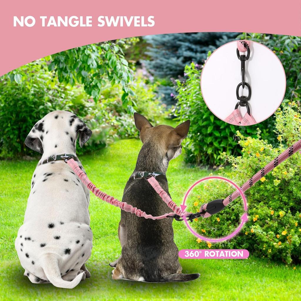 BAOBOTE Pet Double Dog Leash, Shock Absorbing Reflective Bungee Lead Walk 2 Dogs with Ease, 360° Swivel No Tangle Double Dog Walking & Training