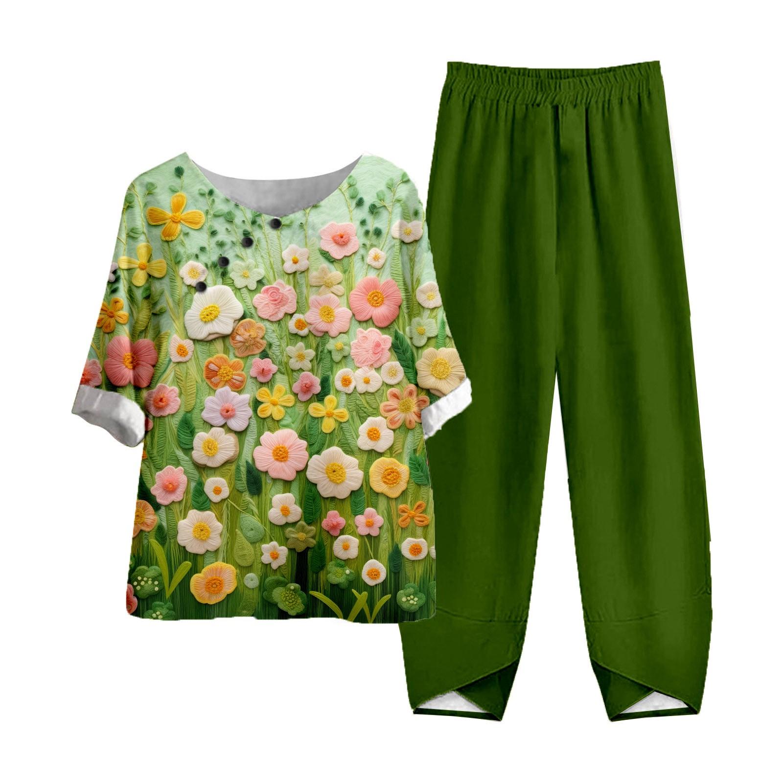 

МОДА Женский летний комплект из двух предметов с коротким рукавом и принтом, эластичный пояс, брюки из девяти частей S