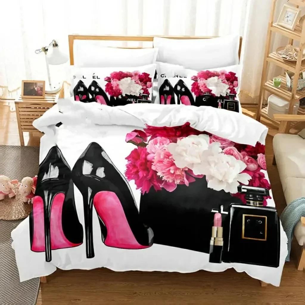 Perfume Floral Duvet Cover Set Pink Makeup Bedding Set With Pillowcase,Girls Women Romantic Fashion Gifts Comforter Cover Set