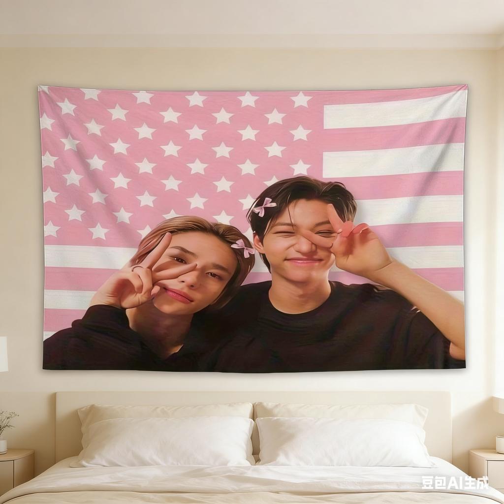 K-Pop Pink Flag Tapestry, Cute Peace Sign Pose Print Polyester Wall Hanging, Fan Themed Home Decor For Bedroom & Dorm