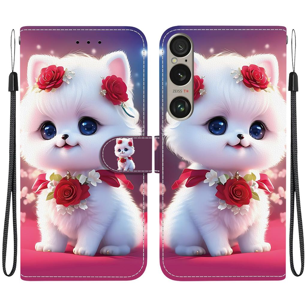 Handmade PU Leather Flip Case for Sony Xperia 1 VI Anti-Slip Shockproof Cover with Wrist Strap & Heart/Rose Cat Designs