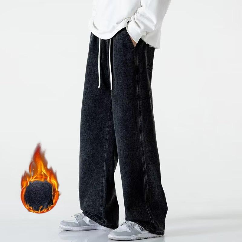 Men's Autumn Winter Fleece Lined Thickened Straight Leg Denim Pants American Style High Street Men's Sports Casual Long Pants