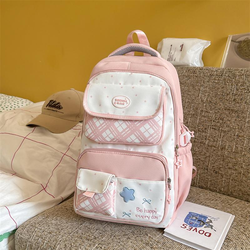 Printed Contrast Student Schoolbag Women's College Style Multi-Compartment Backpack