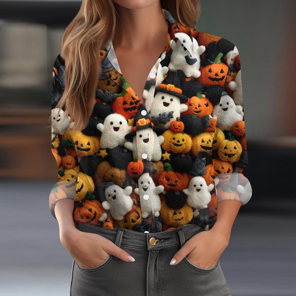 Damen Hemd Bluse Halloween Print Knopf Langarm Lässig Basic Hemdkragen Regulär Top