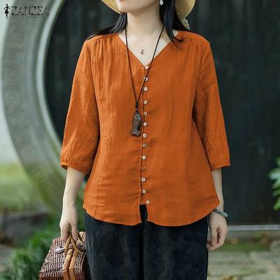 Women V-Neck Solid Color Loose 3/4 Sleeve Blouse