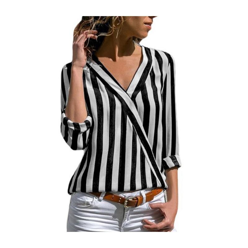 Women's Long Sleeve V-Neck Striped Ladies Shirt Top