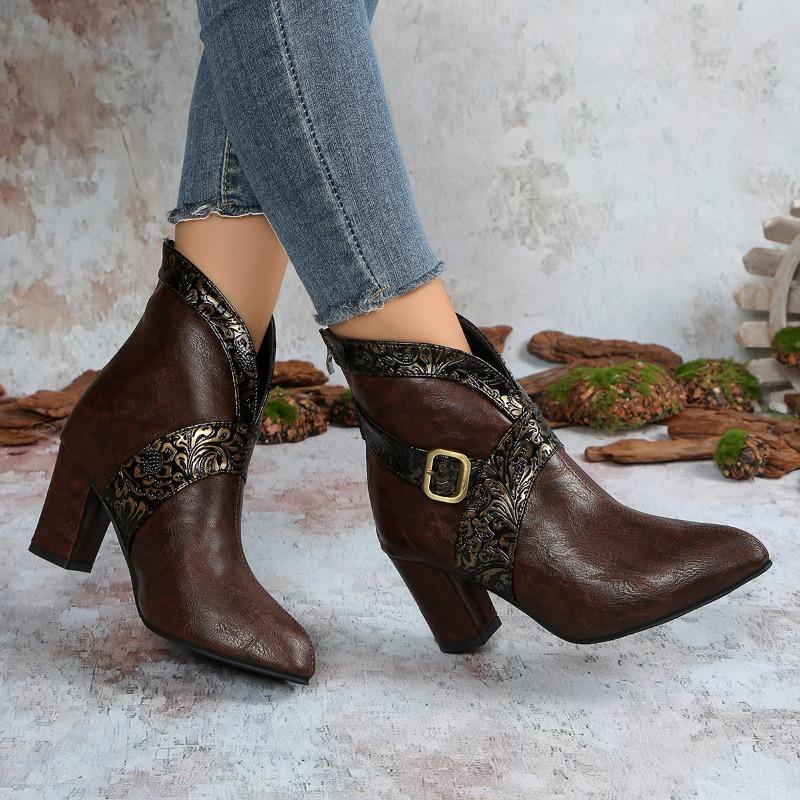 Fashion Plus Size Block Heel Booties Fall New Pointed Toe Paneled Rear Zipper Non-Slip Single