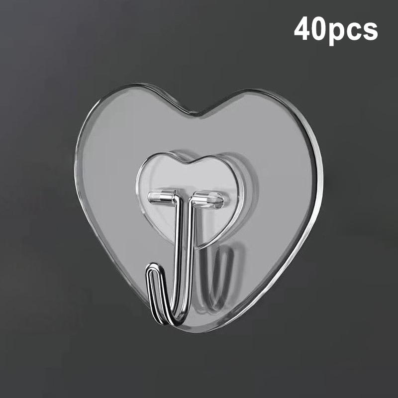 Heart Shaped Transparent Adhesive Hooks 20/40/60Pcs Reusable No Drill Plastic Hangers for Home Dorm Wall Storage