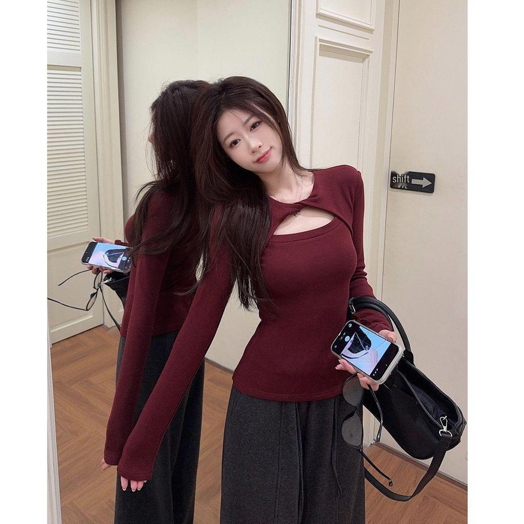 Spicy Desire Red Knotted Slim Long Sleeve Christmas T-shirt with Hollow Collar