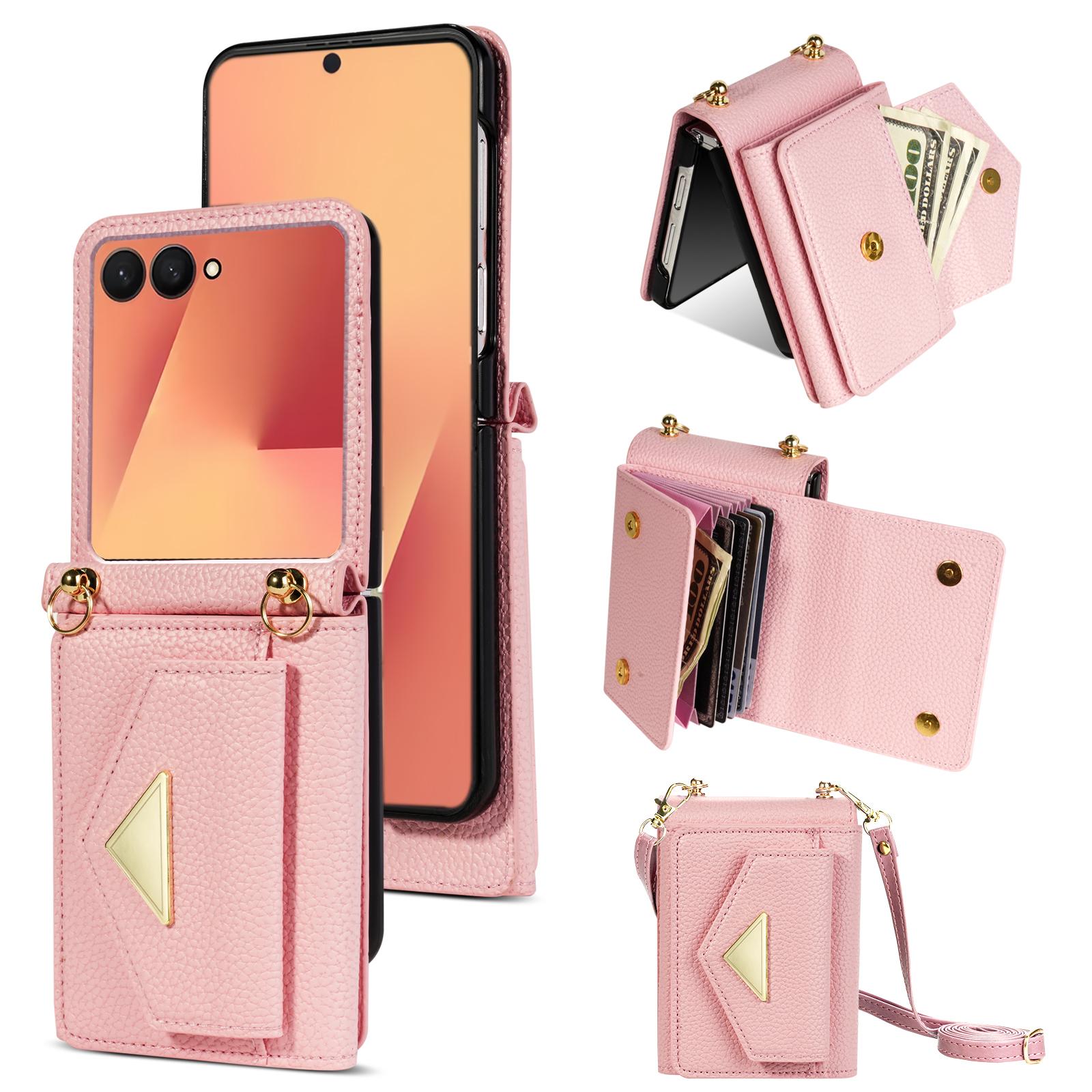 

For Samsung Galaxy Z Flip7 5G Case Card Slots PU+PC Phone Cover with Long Strap Pink