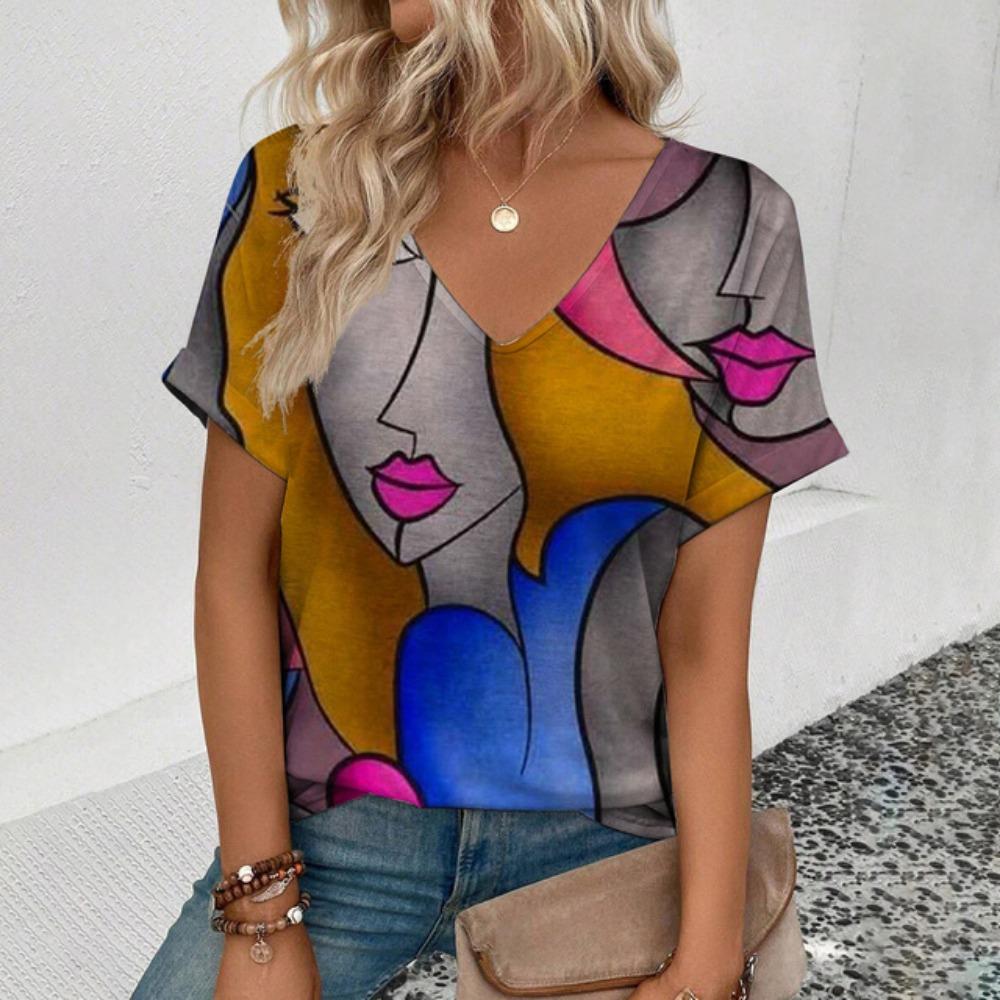 

Повседневный элегантный топ с коротким рукавом и V-образным вырезом, летняя и весенняя женская одежда, футболка, модная футболка с абстрактным рисунком лица 5XL
